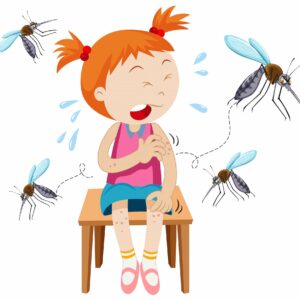 Dessin d'une fille assise sur un tabouret qui se fait piquer par des moustiques