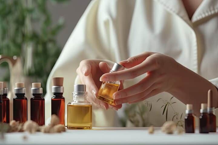 Mains féminines et bouteilles d'huiles essentielles sur une table